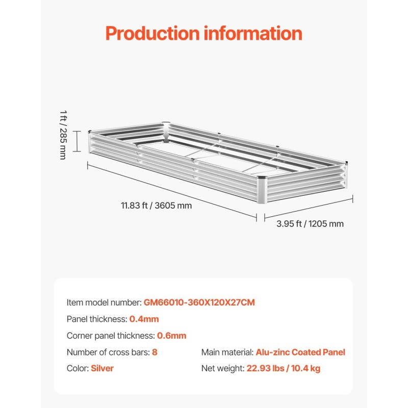 Metallinen kohopenkki 360 x 120 x 27 cm avopohjainen vihanneksille ja kukille