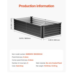 Korotettu kasvilava aluzink-pinnoitettu 1800 x 900 x 600 mm avopohjalla puutarhaan