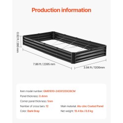 Metallinen korotettu kasvilaatikko alumiini-sinkkipinnoitettu 2395×1200×280 mm avopohjainen tummanharmaa