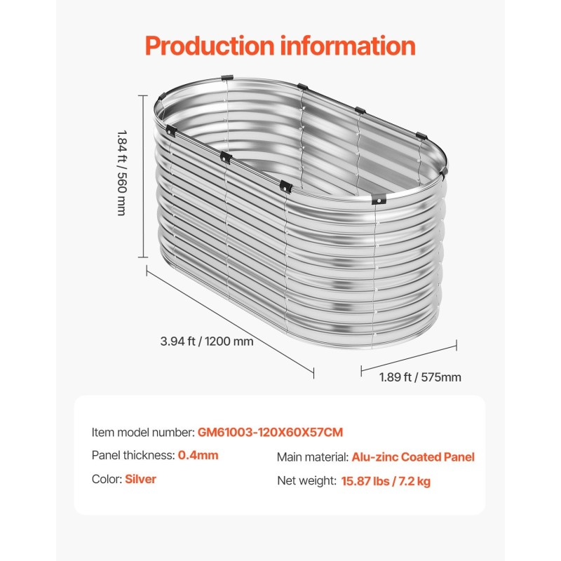 Metallinen korotettu viljelylaatikko 120 x 57 x 56 cm alumiini-sinkkipinnoitettu avoin pohja