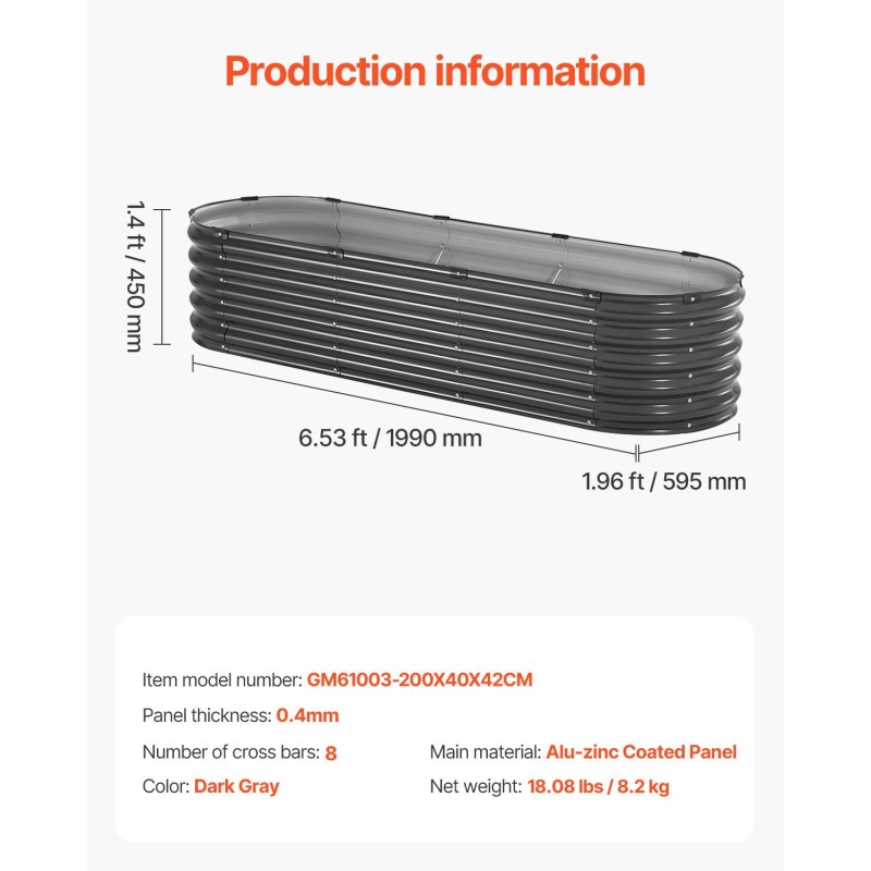 Metallinen korotettu viljelylaatikko sinkitty alumiinipaneeli 1190x595x420 mm avoin pohja tummanharmaa vihanneksille