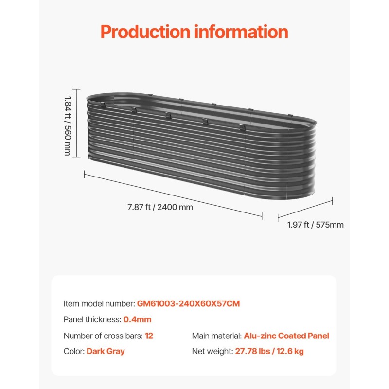 Metallinen korotettu viljelylaatikko aluzink-pinnoitettu 2400x600x560 mm avopohjainen tummanharmaa