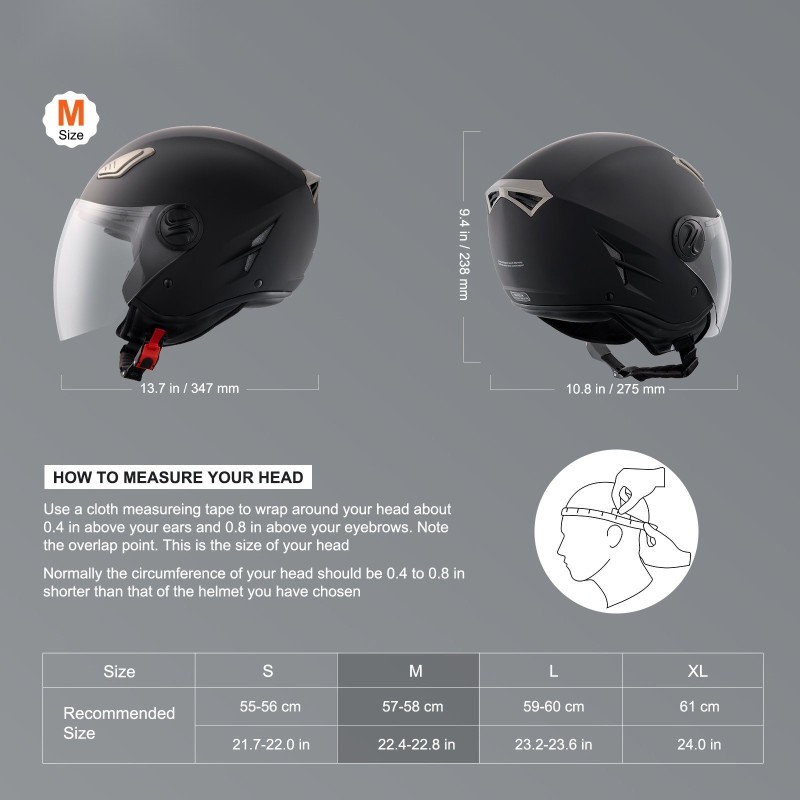 Moottoripyöräkypärä 3/4-kasvoinen ECE-hyväksytty koko M 57–58 cm kaksinkertainen visiiri