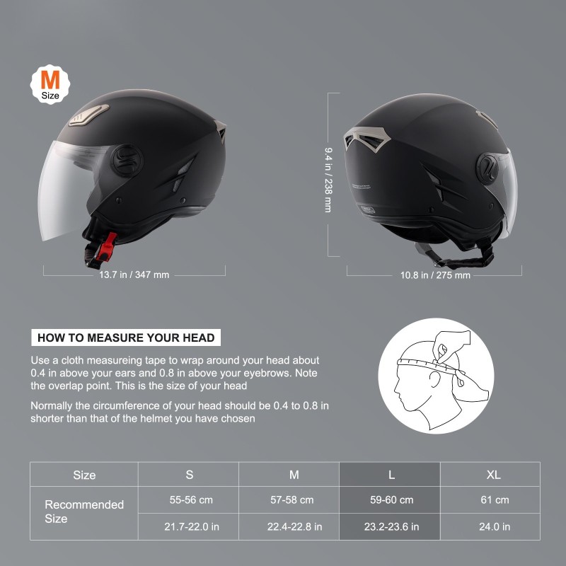 3/4-avokypärä ABS-kuori tiheä sisävuori kaksinkertainen linssi ECE-hyväksytty koko L