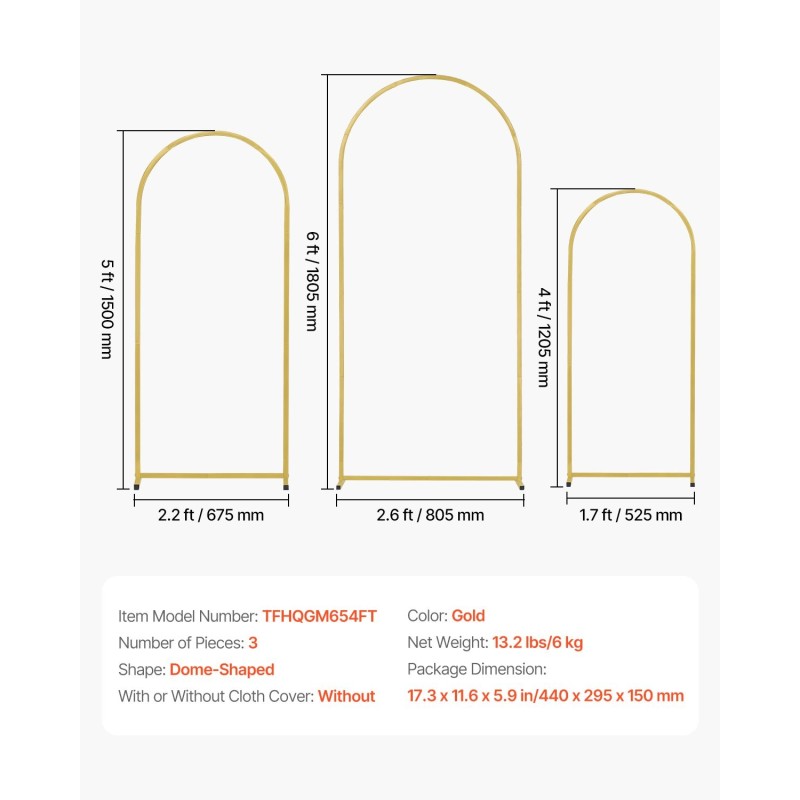 Taustateline kolmen kaaren kultasävyinen teräs 1805 millimetriä 1500 millimetriä 1205 millimetriä häihin