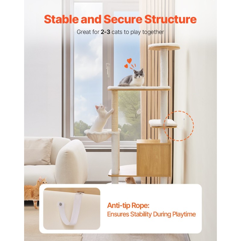 Monitasoinen kiipeilypuu 175 cm korkea 12 mm lastulevy luonnonsisalitolpat sisäkissoille