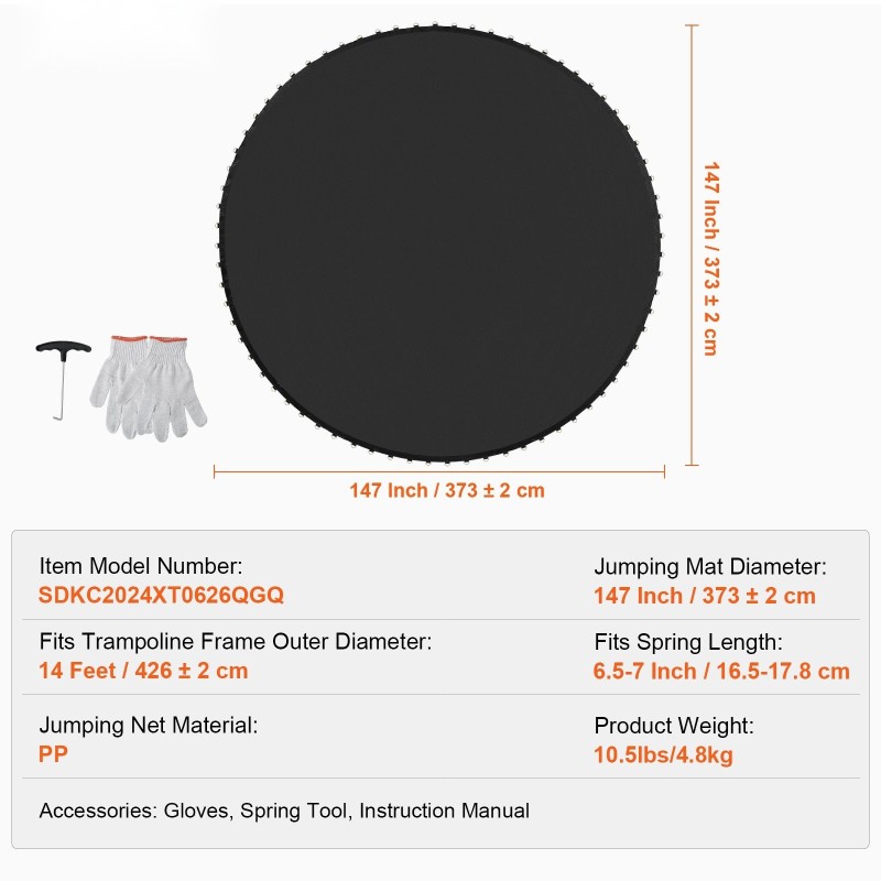 Varaushyppymatto PP-materiaali 14-jalkaiseen pyöreään trampoliiniin 72 V-rengasta 6,5–7 tuuman jousille