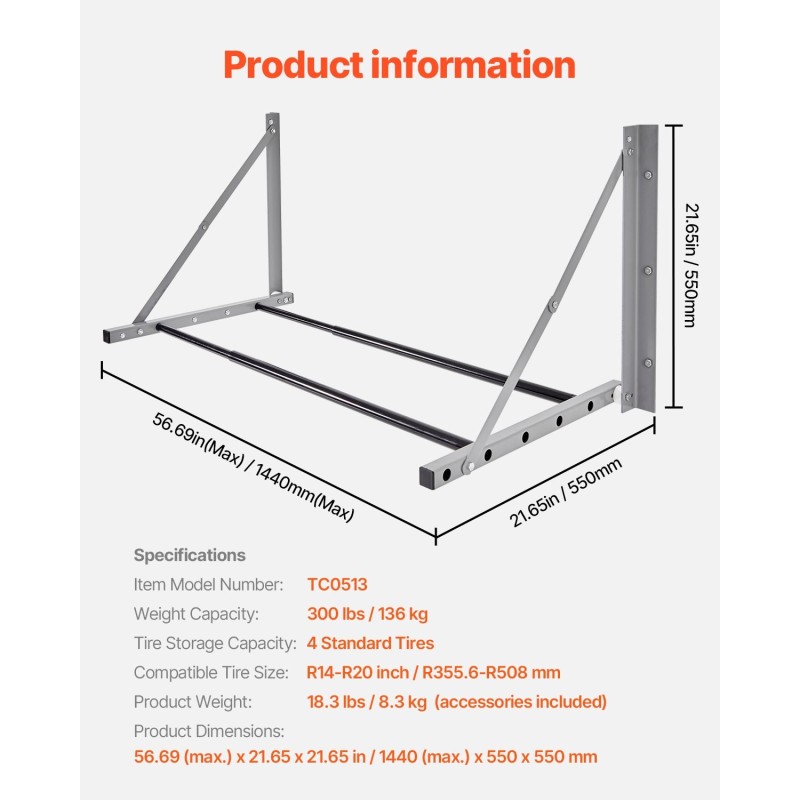 Seinään kiinnitettävä taittuva rengasteline Q235-teräksinen säädettävä 32–48 tuumaa 4 rengasta