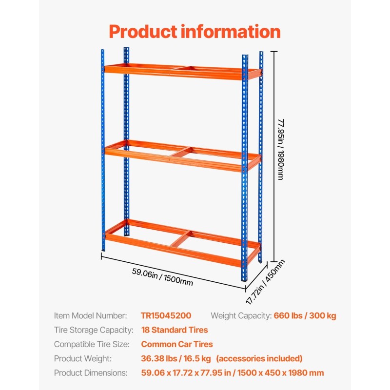 Kolmitasoinen teräsrengashylly 18 vakiokokoiselle renkaalle säädettävillä hyllyillä 300 kilogramman kantavuus
