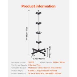 Teräksinen renkaiden säilytysteline pyörillä 4 renkaalle enintään 225 mm kantavuus 100 kg