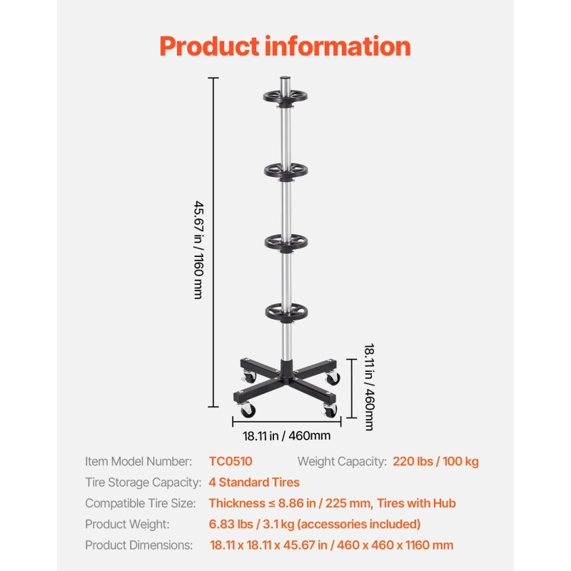 Teräksinen renkaiden säilytysteline pyörillä 4 renkaalle enintään 225 mm kantavuus 100 kg