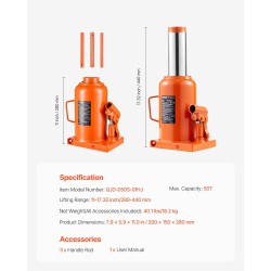 Hydraulinen pullotunkki 50 tonnia hitsattu teräsrunko 280–440 mm nostoalue kolmiosainen pitkä käyttövarsi
