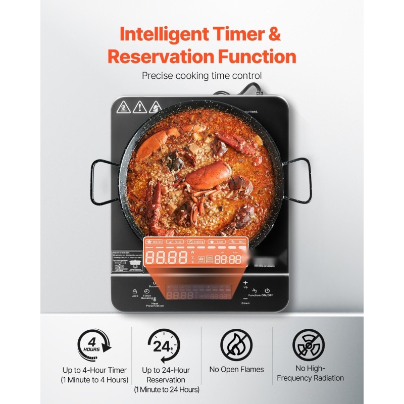 Kannettava induktioliesi kaksituhattakaksisataa wattia lasipinta yhdeksän lämpötila-asetusta lapsilukko