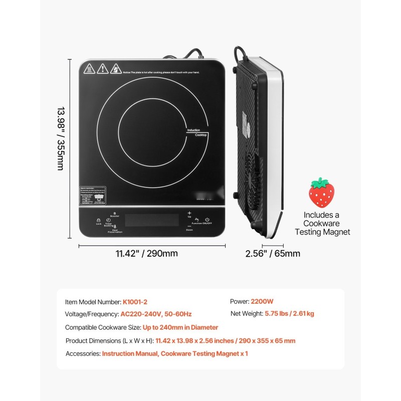 Kannettava induktioliesi kaksituhattakaksisataa wattia lasipinta yhdeksän lämpötila-asetusta lapsilukko