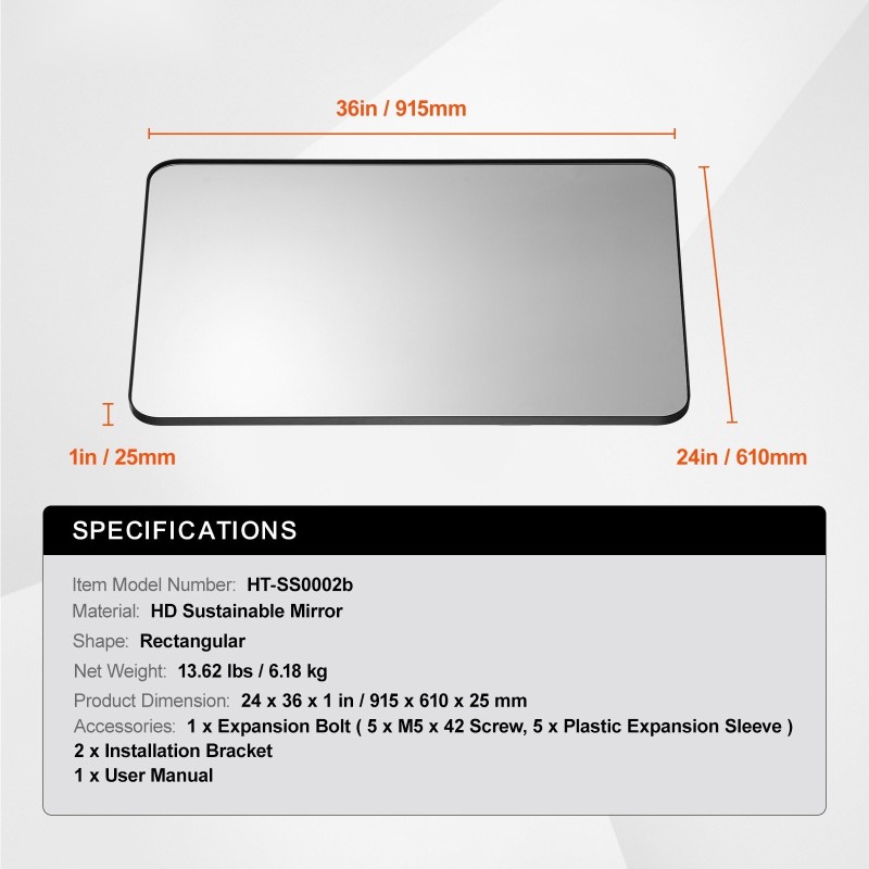 Seinäkiinnitteinen meikkipeili 24 x 36 tuumaa alumiiniseoskehys turvakalvo sumuuntumaton pinta