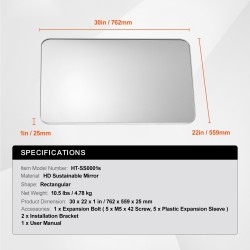 Seinälle asennettava meikkipeili 22 x 30 tuuman alumiinikehyksellä sirpalesuojalla
