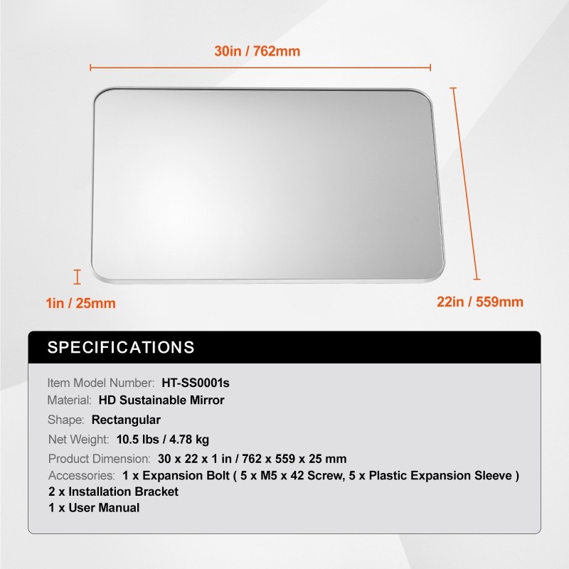 Seinälle asennettava meikkipeili 22 x 30 tuuman alumiinikehyksellä sirpalesuojalla