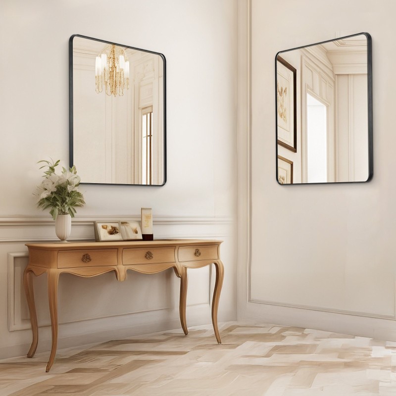 Seinään asennettava meikkipeili alumiinikehyksellä 915 x 915 mm huurtumaton sirpalesuojakalvolla