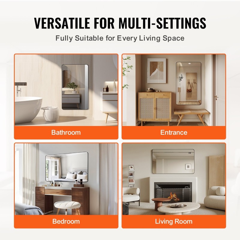 Seinään asennettava meikkipeili 1219 x 762 mm alumiinikehyksellä z-muotoisella kiinnikkeellä