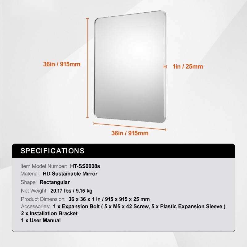 Seinään asennettava meikkipeili alumiiniseoskehys räjähdyssuojakalvo 915 x 915 mm