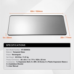 Seinään asennettava karkaistu lasi meikkipeili alumiinikehyksellä 28x60 tuumaa sirpalesuojakalvolla Z-muotoinen seinäkiinnike