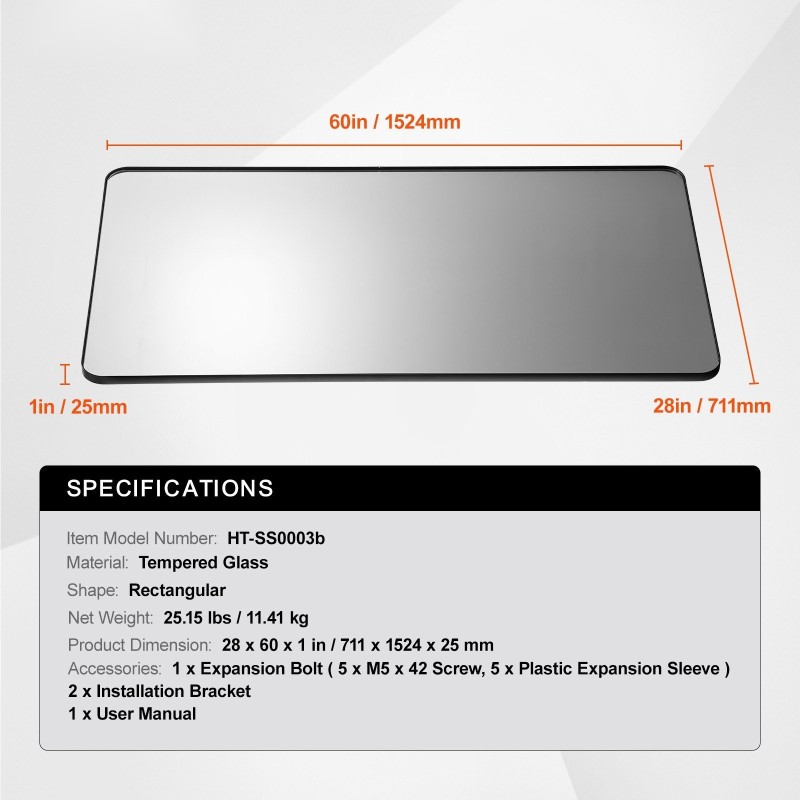 Seinään asennettava karkaistu lasi meikkipeili alumiinikehyksellä 28x60 tuumaa sirpalesuojakalvolla Z-muotoinen seinäkiinnike