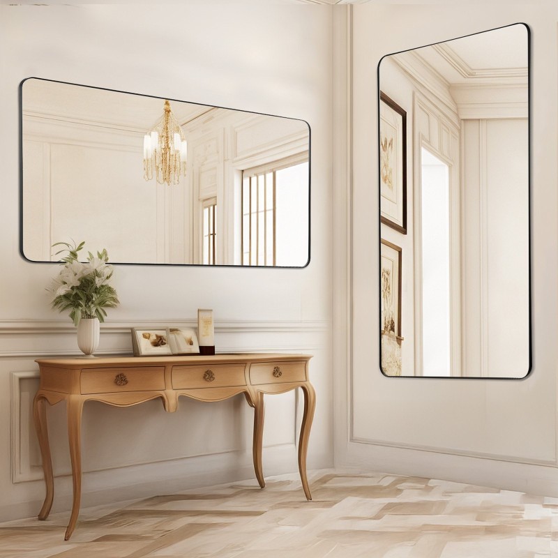 Seinään asennettava karkaistu lasi meikkipeili alumiinikehyksellä 28x60 tuumaa sirpalesuojakalvolla Z-muotoinen seinäkiinnike