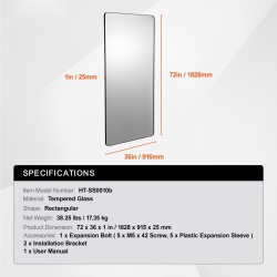 Seinäkiinnitteinen meikkipeili 1828x915 mm karkaistu lasi alumiinikehys huurtumaton