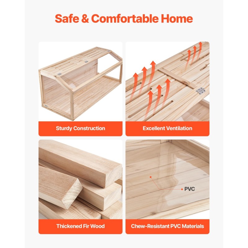 Puinen pieneläinhäkki 122×51×51 cm ylöspäin avattavalla kannella 270 asteen akryyli-ikkunalla