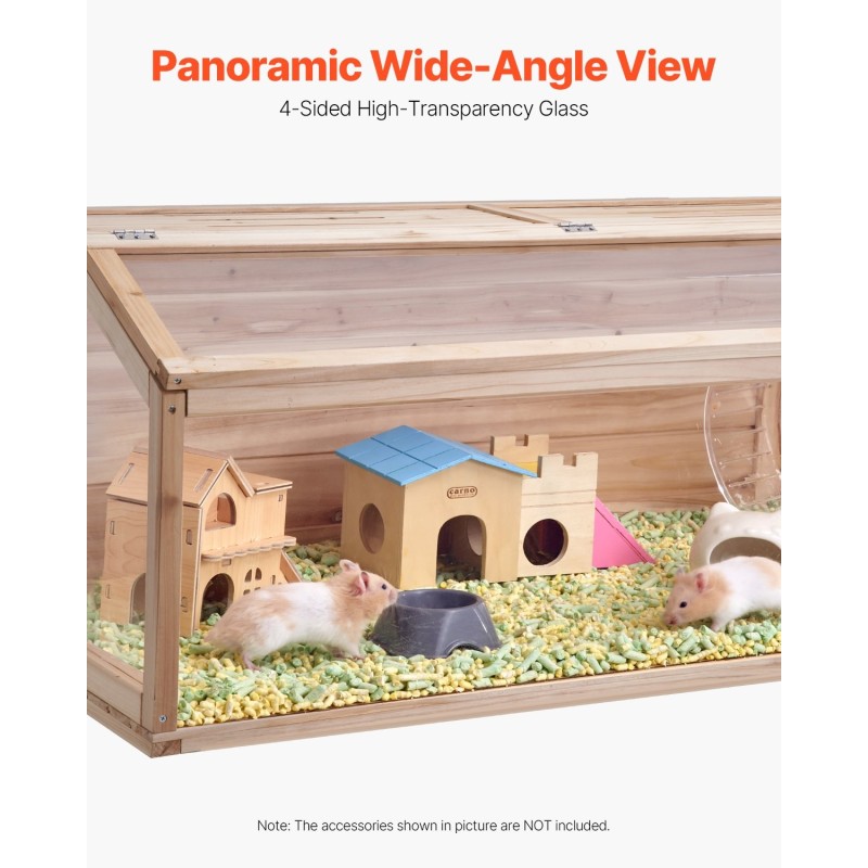 Puinen pieneläinhäkki 122×51×51 cm ylöspäin avattavalla kannella 270 asteen akryyli-ikkunalla