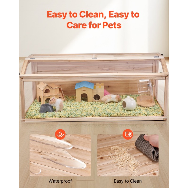 Puinen pieneläinhäkki 122×51×51 cm ylöspäin avattavalla kannella 270 asteen akryyli-ikkunalla