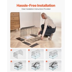 Hamsterihäkki musta karkaistusta lasista ja metalliverkosta 360 asteen näkymä vesipullolla 58×38×54 cm