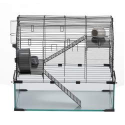 Hamsterihäkki musta karkaistusta lasista ja metalliverkosta 360 asteen näkymä vesipullolla 58×38×54 cm