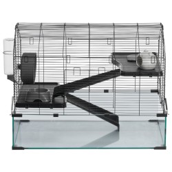 Hamsterihäkki karkaistusta lasista ja metalliverkosta 75 x 44 x 61 cm juomapullolla