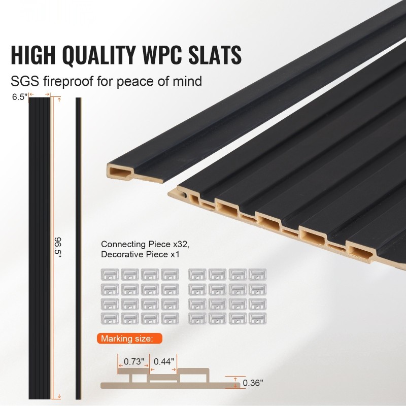 Akustiikkapaneelit puu-muovikomposiitti sisäkäyttöön 2450x166x9 mm 8 kpl mattamusta