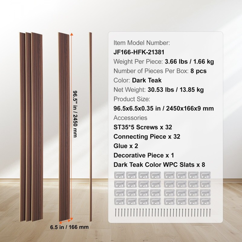 Puusäleakustiikkapaneelit 8 kpl 2450x166 mm tumma teak sisäseinille ja katoille