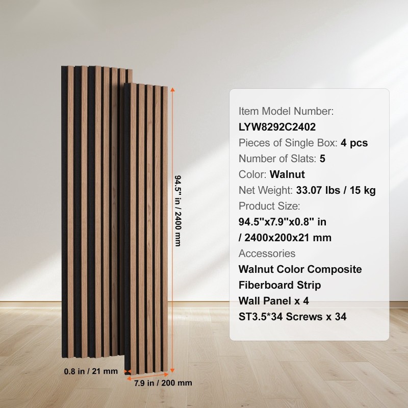 Akustiset MDF-puusälepaneelit pähkinän sävy 2400x200x21 mm 4 kpl seinä- ja kattokäyttöön