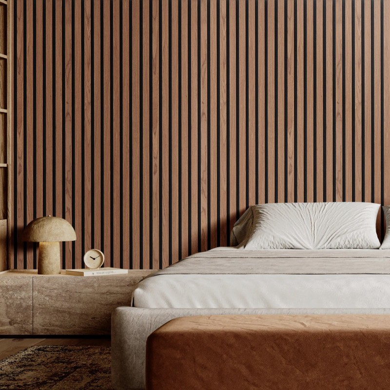 Akustiset MDF-puusälepaneelit pähkinän sävy 2400x200x21 mm 4 kpl seinä- ja kattokäyttöön