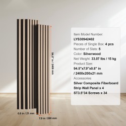 Akustiset puusälepanelit 4 kpl 2400x200x21 mm hopeanharmaa seinille ja katoille