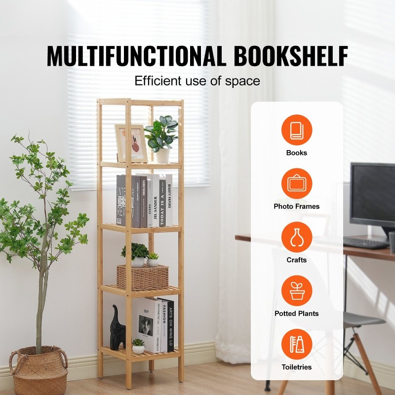 Bambuhylly 5-tasoinen kapea 147 cm korkea avohylly monikäyttöinen kotiin kylpyhuoneeseen