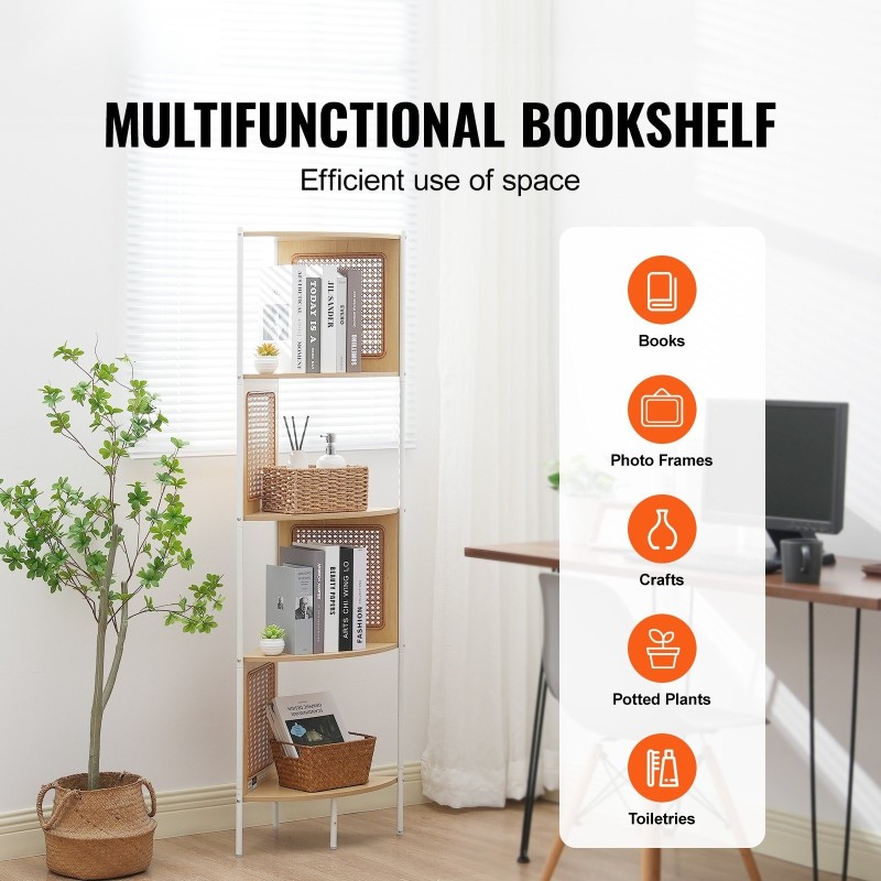 Kapea kulmakirjahylly metallirungolla MDF-hyllyillä rottinkityylipinnalla 5 tasoa 1565 mm