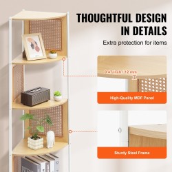 Kapea kulmakirjahylly metallirungolla MDF-hyllyillä rottinkityylipinnalla 5 tasoa 1565 mm