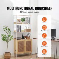 Rottinkikirjahylly kuusi hyllytasoa kahdella ovella teräsrunko MDF hyllyt luonnonväri säädettävät jalat