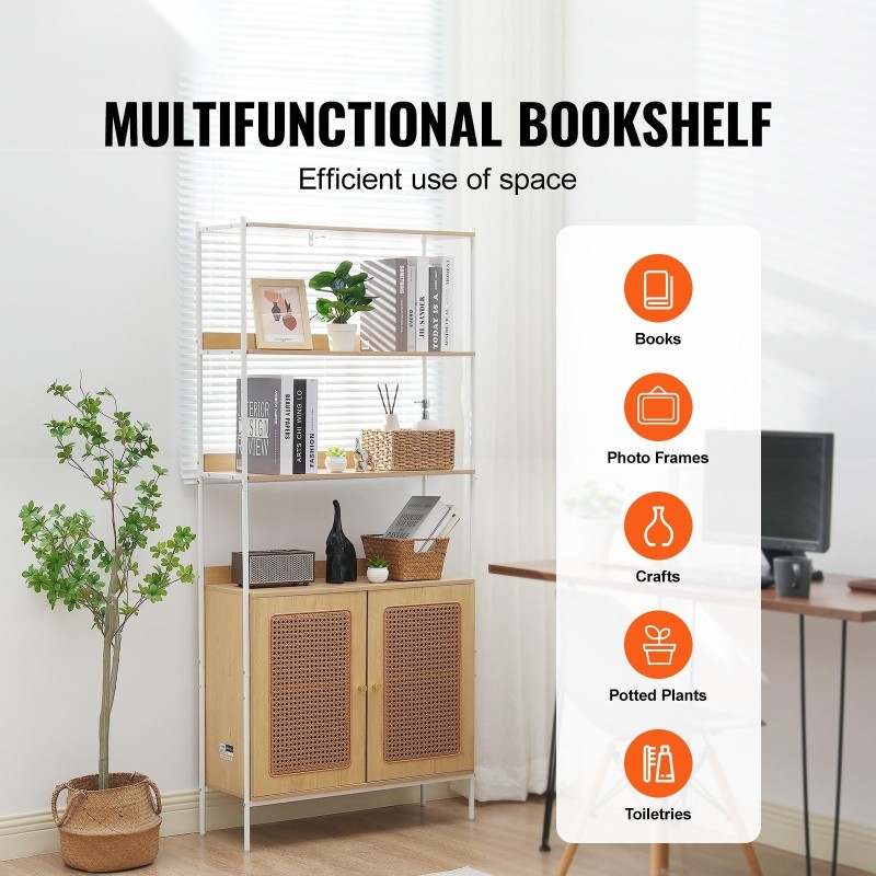 Rottinkikirjahylly kuusi hyllytasoa kahdella ovella teräsrunko MDF hyllyt luonnonväri säädettävät jalat