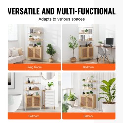 Rottinkikirjahylly kuusi hyllytasoa kahdella ovella teräsrunko MDF hyllyt luonnonväri säädettävät jalat