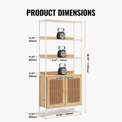 Rottinkikirjahylly kuusi hyllytasoa kahdella ovella teräsrunko MDF hyllyt luonnonväri säädettävät jalat