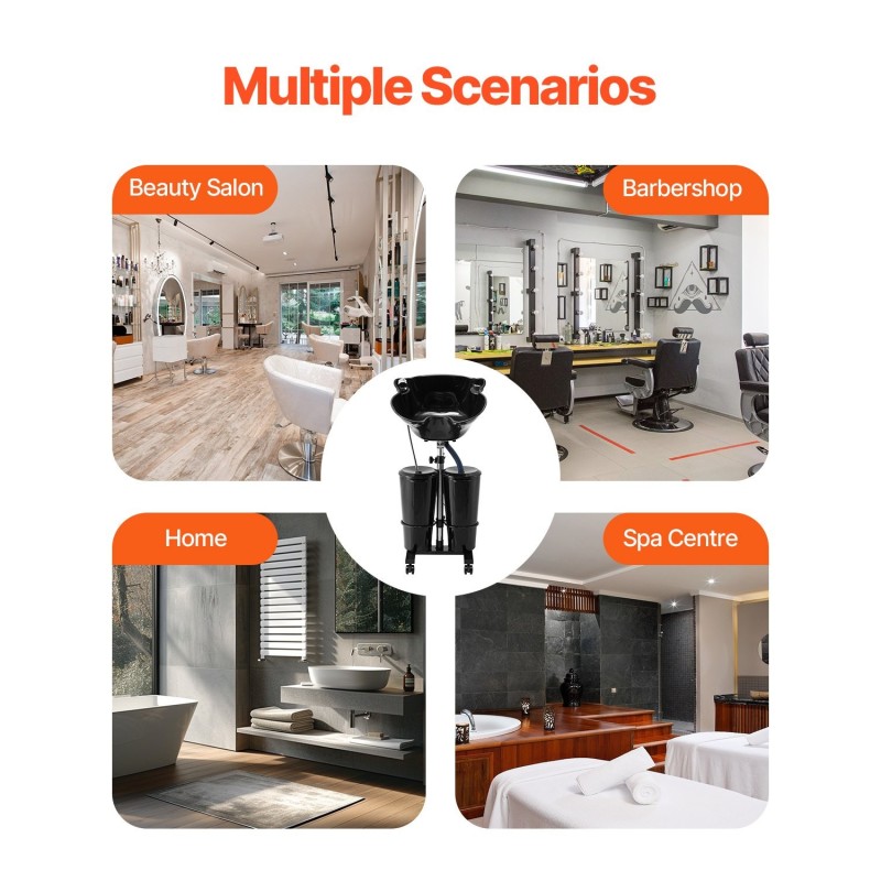 Siirrettävä hiustenpesuallas säädettävä korkeus sähköpumppu kaksi ämpäriä kaksi suihkupäätä viemäriletku musta