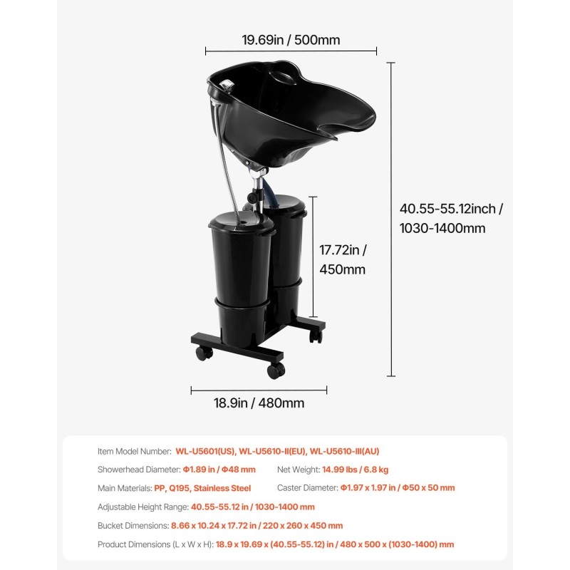 Siirrettävä hiustenpesuallas säädettävä korkeus sähköpumppu kaksi ämpäriä kaksi suihkupäätä viemäriletku musta