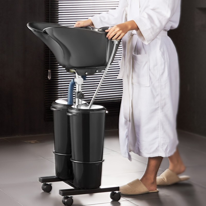 Siirrettävä hiustenpesuallas säädettävä korkeus sähköpumppu kaksi ämpäriä kaksi suihkupäätä viemäriletku musta