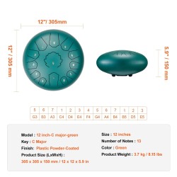 Teräsrumpu 12 tuumaa hiiliteräs 13 säveltä C-duuri vihreä 2 kapulaa kantolaukku